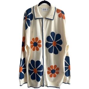 Oxknit Cream Orange Blue Floral Button Down Cardigan Sweater Retro 60s 70s